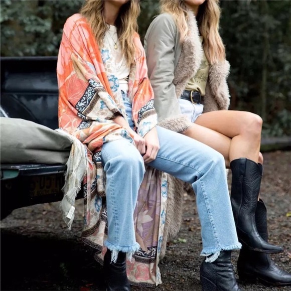 BOHO FLORAL Gypsy Bohemian Kimono Duster In Orange Pelican - Picture 10 of 12